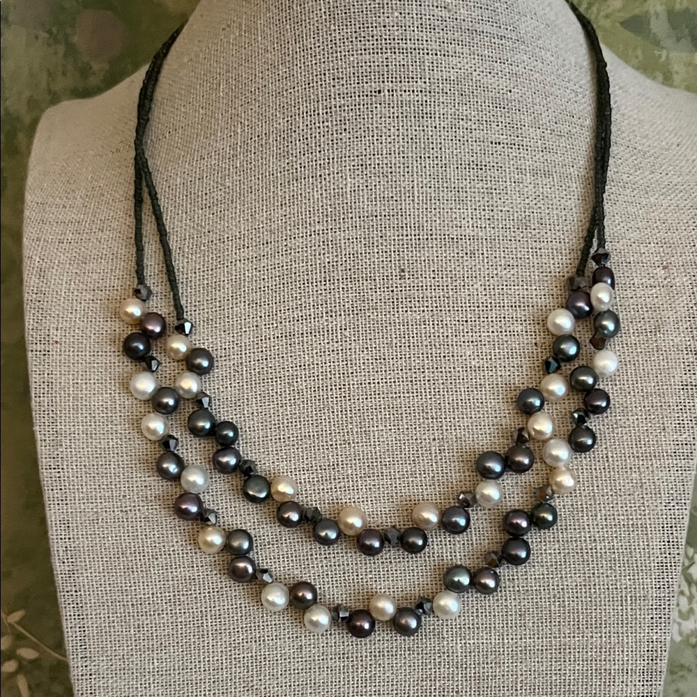 Vintage Lia Sophia two strand fresh water pearl choker gun metal tone crystals